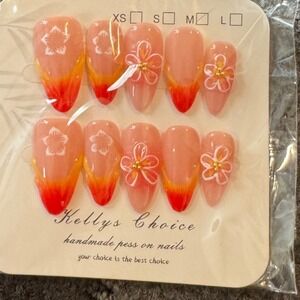 Press On Nails Orange Ombre Floral Accent Medium Almond‎